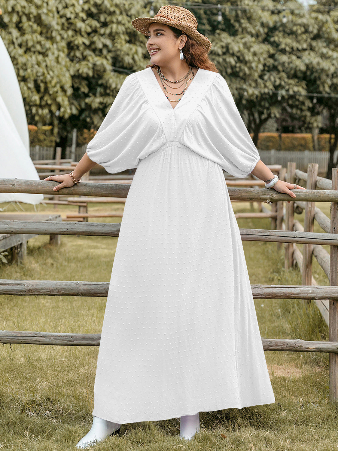Plus Size Swiss Dot V-Neck Three-Quarter Sleeve Dress.