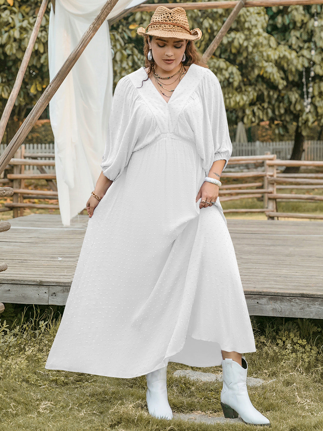 Plus Size Swiss Dot V-Neck Three-Quarter Sleeve Dress.