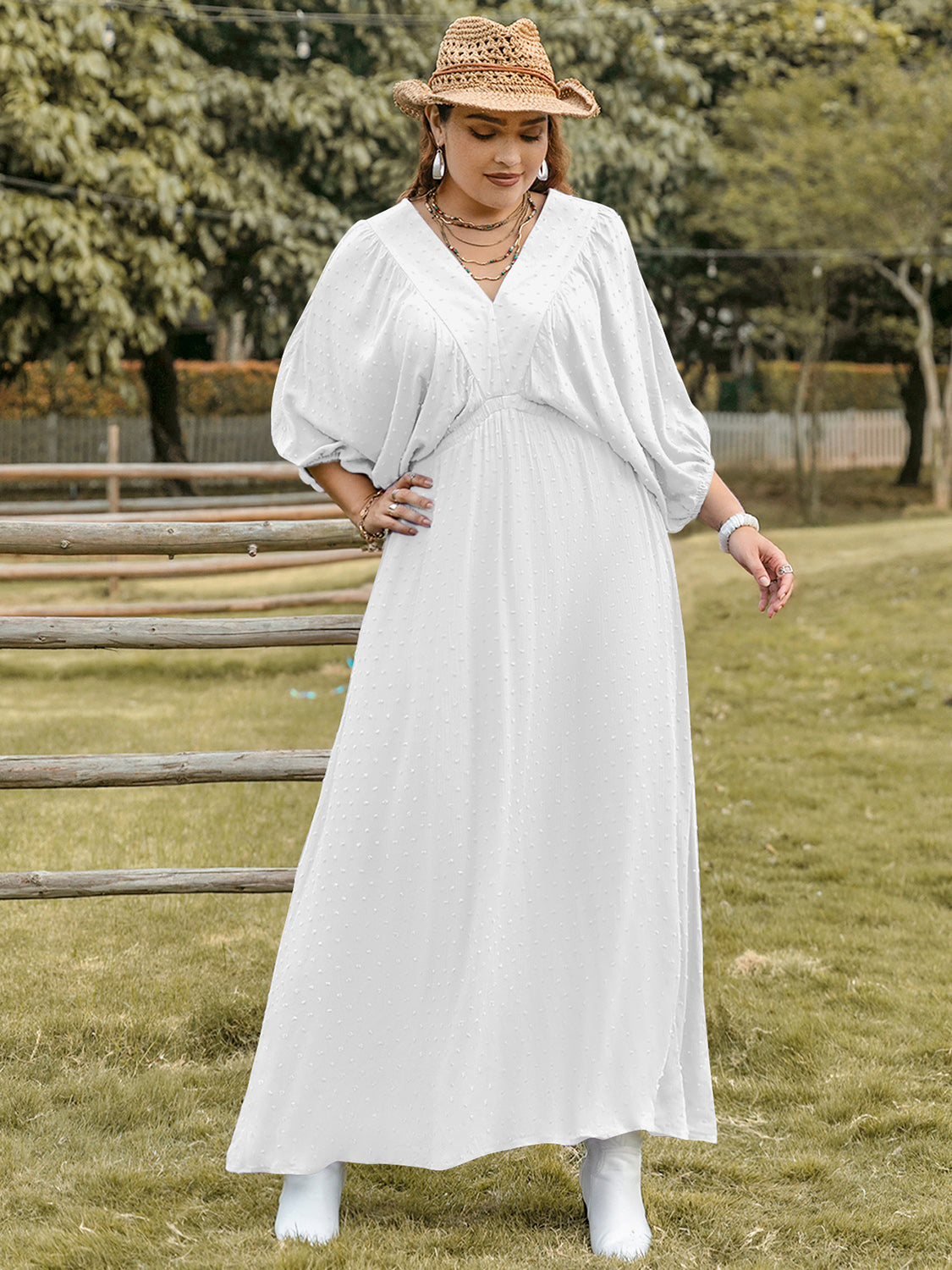 Plus Size Swiss Dot V-Neck Three-Quarter Sleeve Dress.