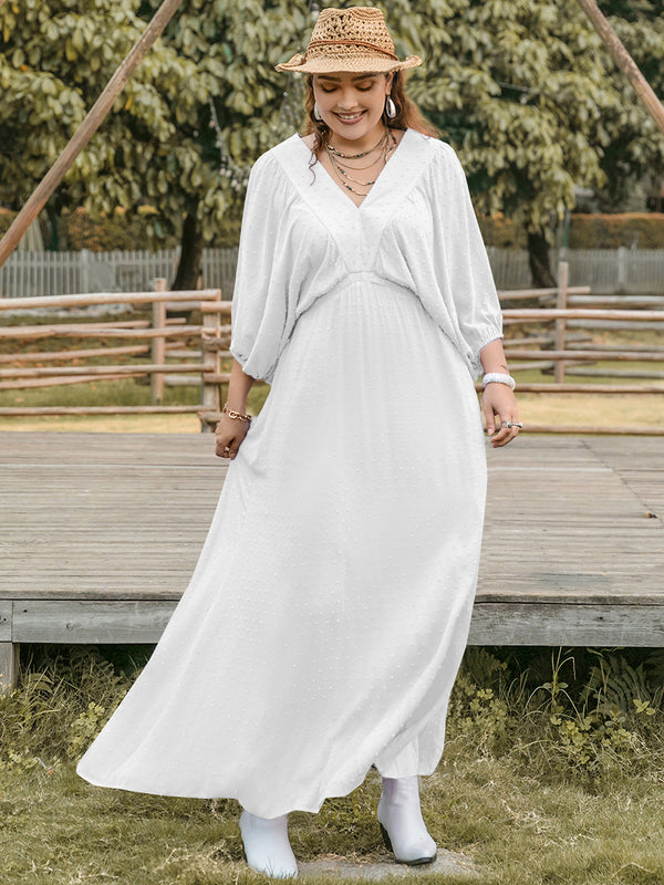 Plus Size Swiss Dot V-Neck Three-Quarter Sleeve Dress.