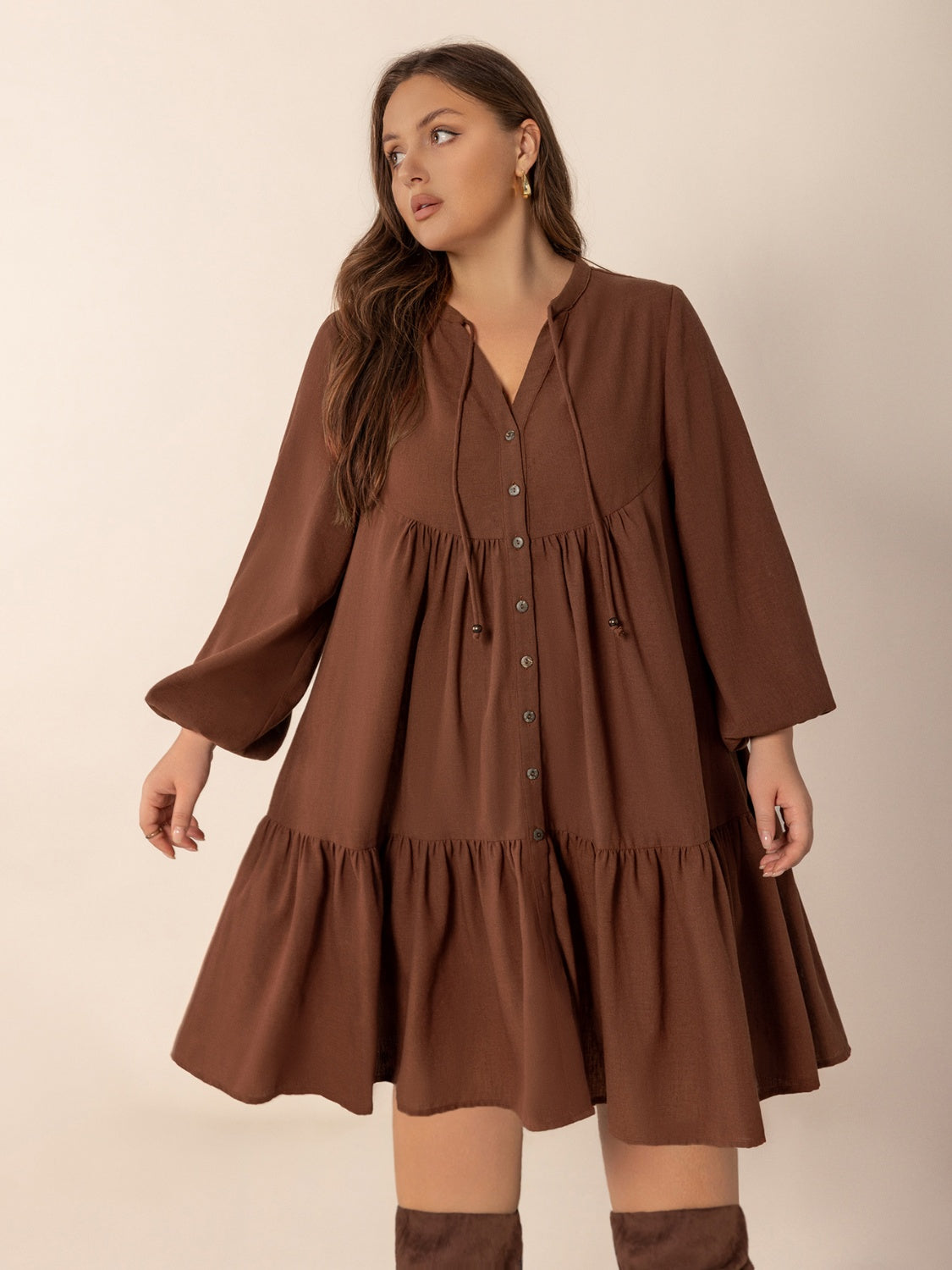 Plus Size Tie Neck Balloon Sleeve Tiered Dress.