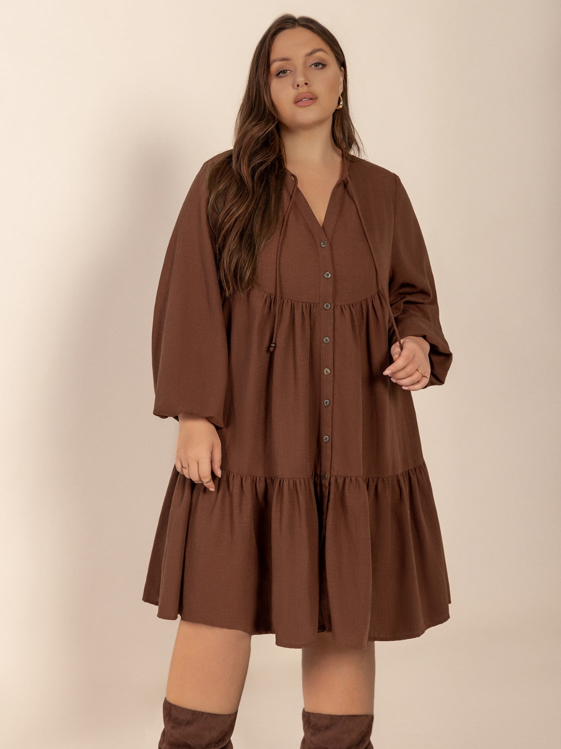 Plus Size Tie Neck Balloon Sleeve Tiered Dress.