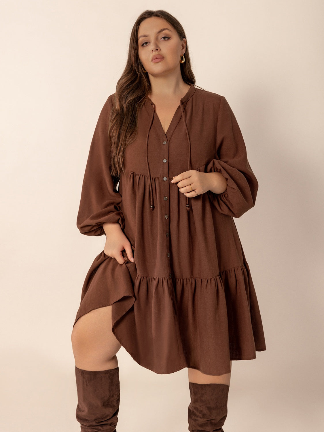Plus Size Tie Neck Balloon Sleeve Tiered Dress.