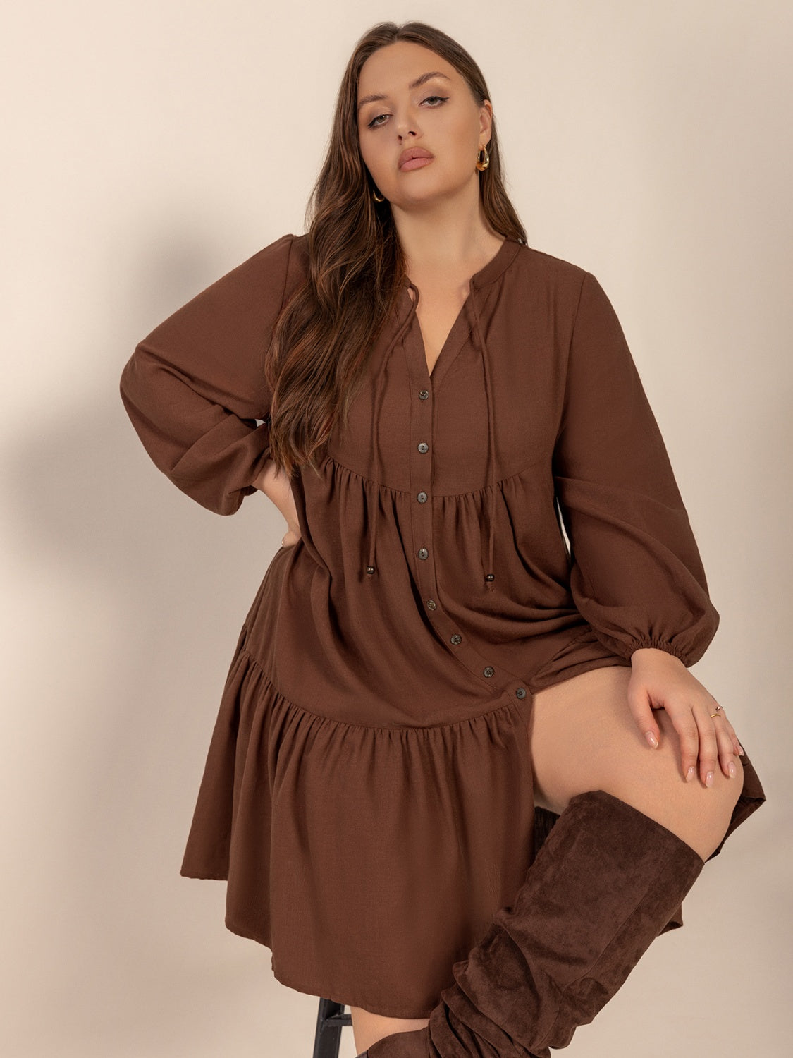 Plus Size Tie Neck Balloon Sleeve Tiered Dress.