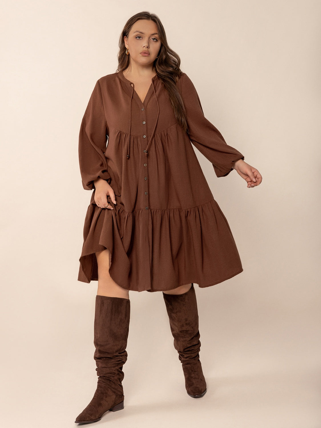Plus Size Tie Neck Balloon Sleeve Tiered Dress.