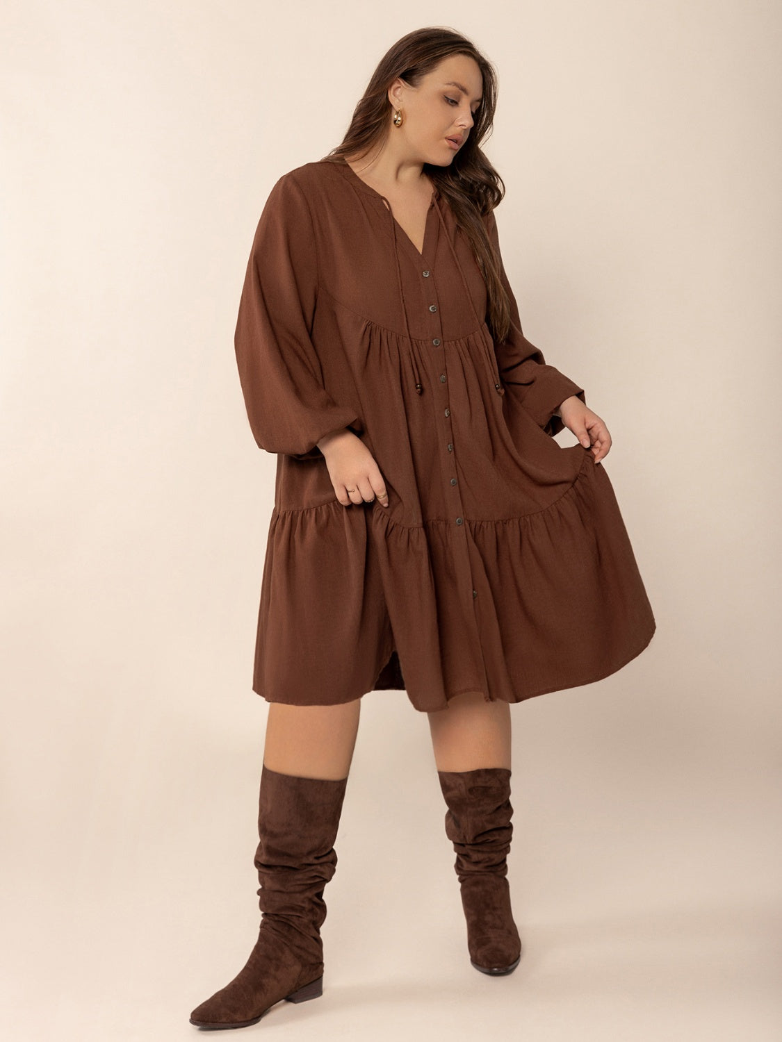 Plus Size Tie Neck Balloon Sleeve Tiered Dress.