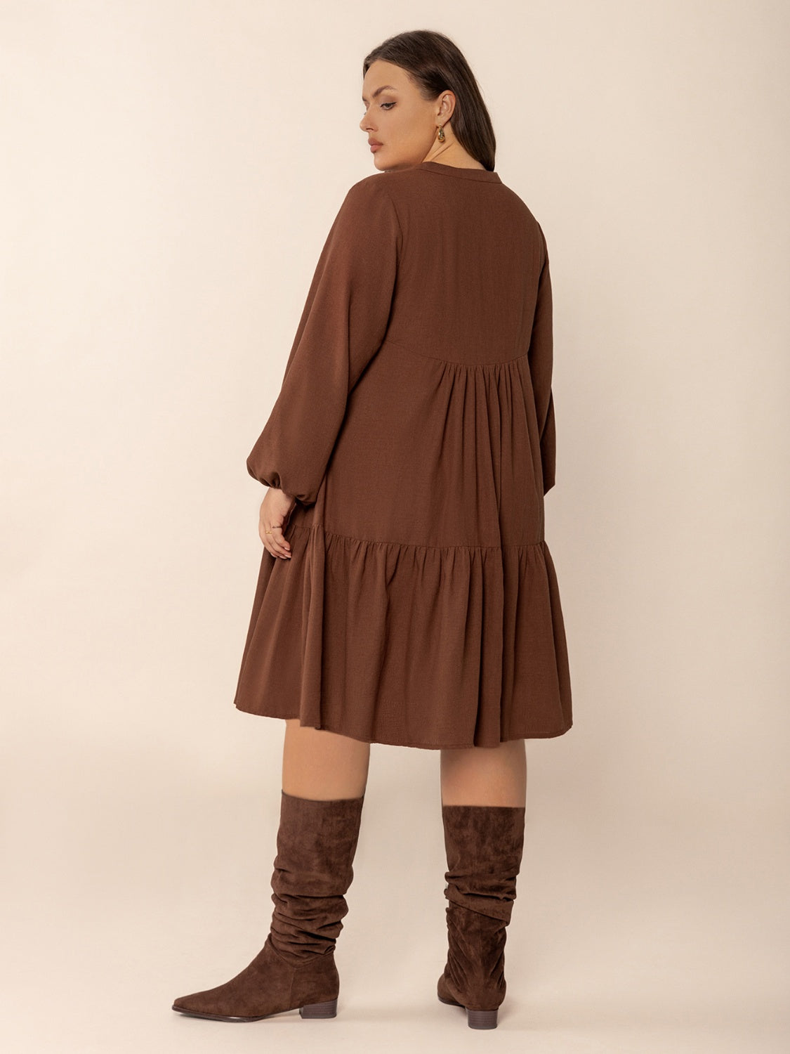 Plus Size Tie Neck Balloon Sleeve Tiered Dress.