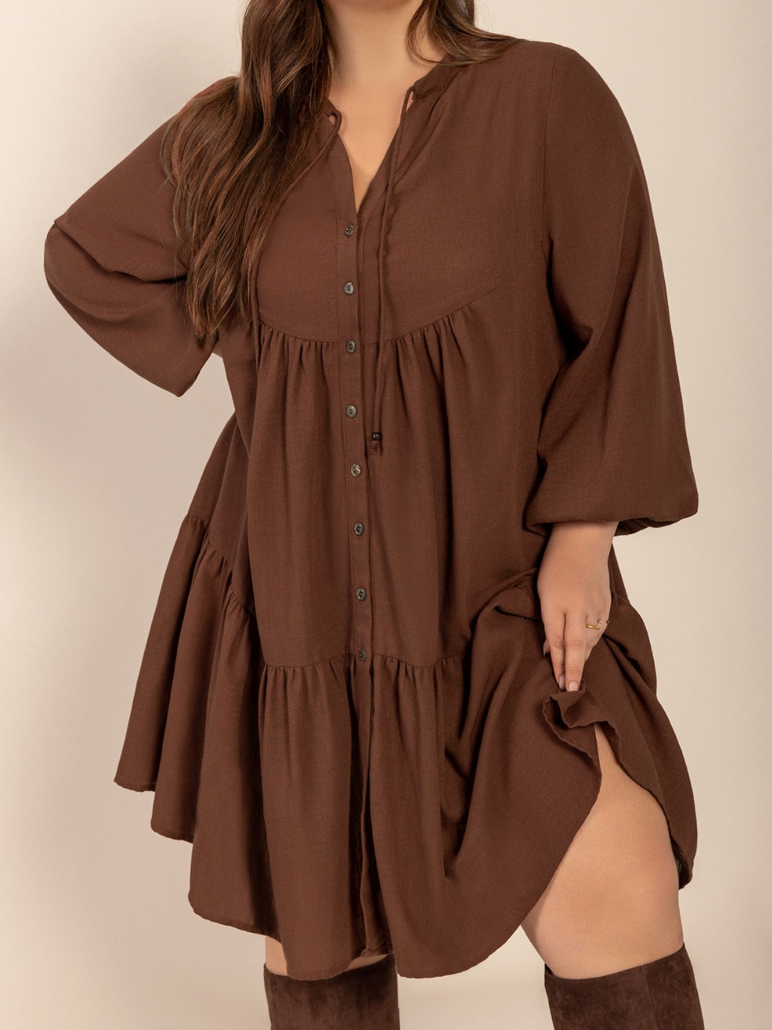 Plus Size Tie Neck Balloon Sleeve Tiered Dress.