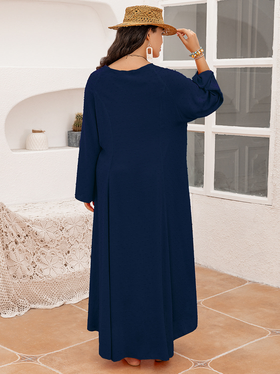 Plus Size Tie Neck Long Sleeve Slit Dress.