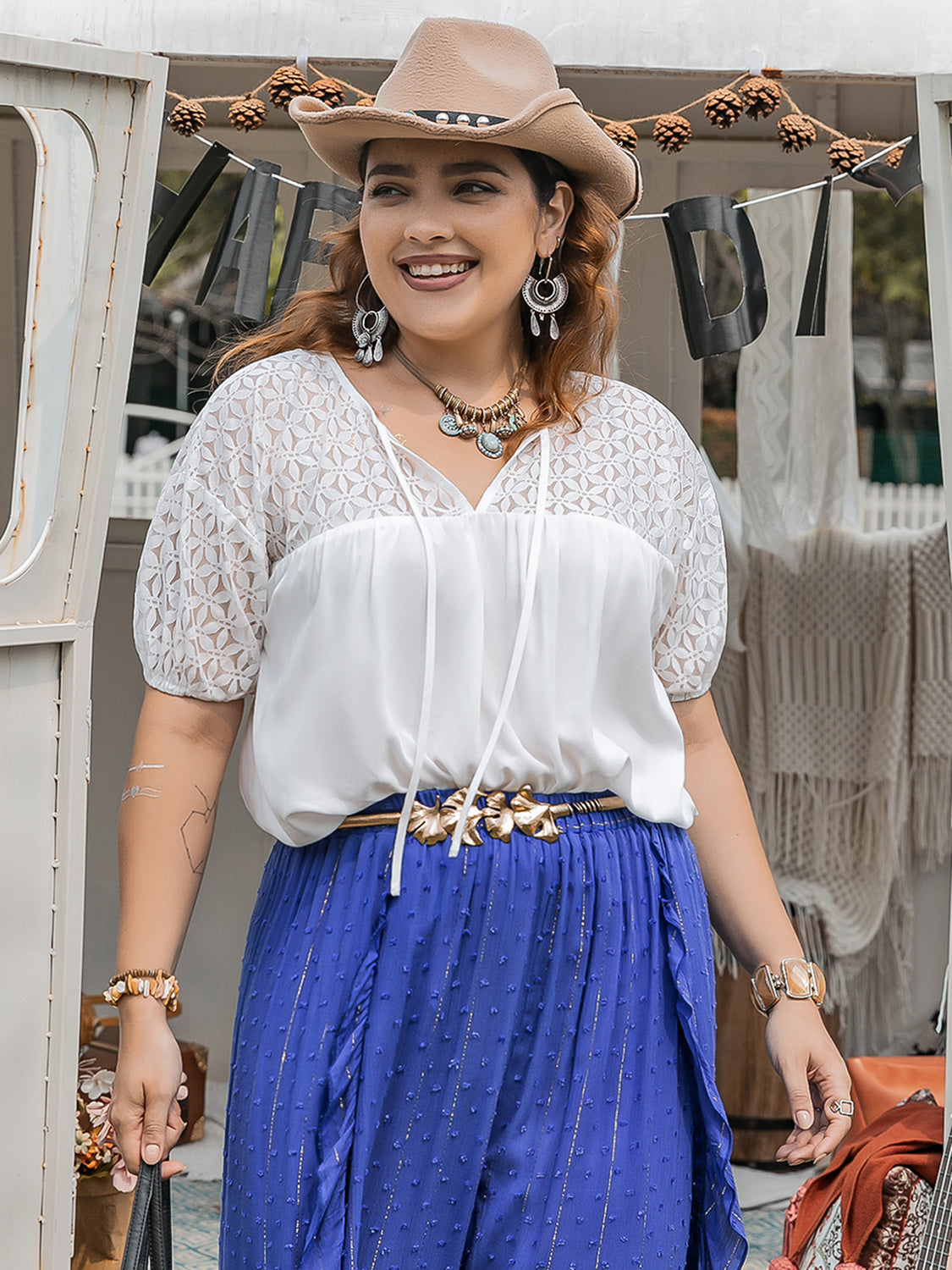 Plus Size Tie Neck Short Sleeve Blouse with Tied.