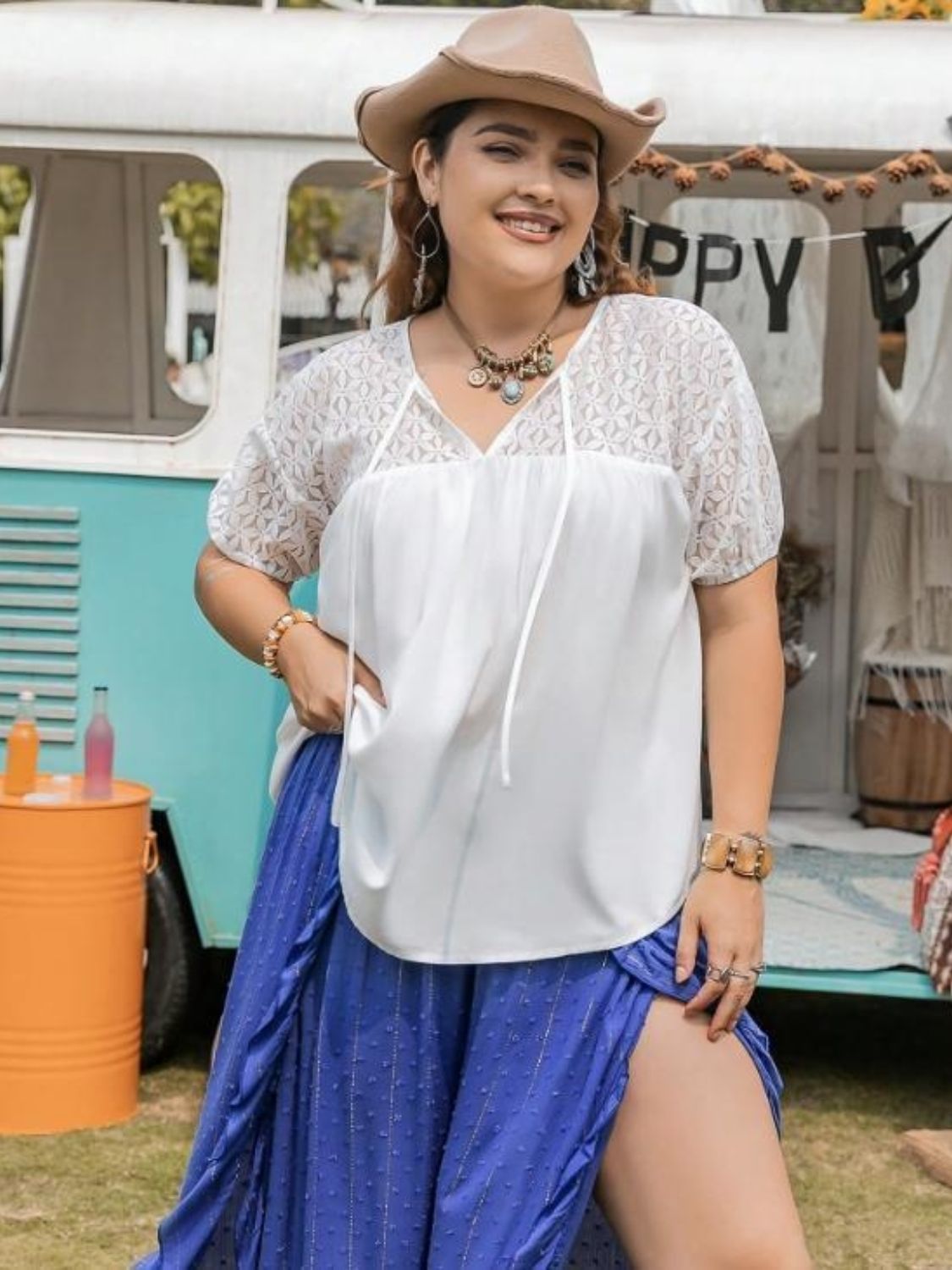 Plus Size Tie Neck Short Sleeve Blouse with Tied.