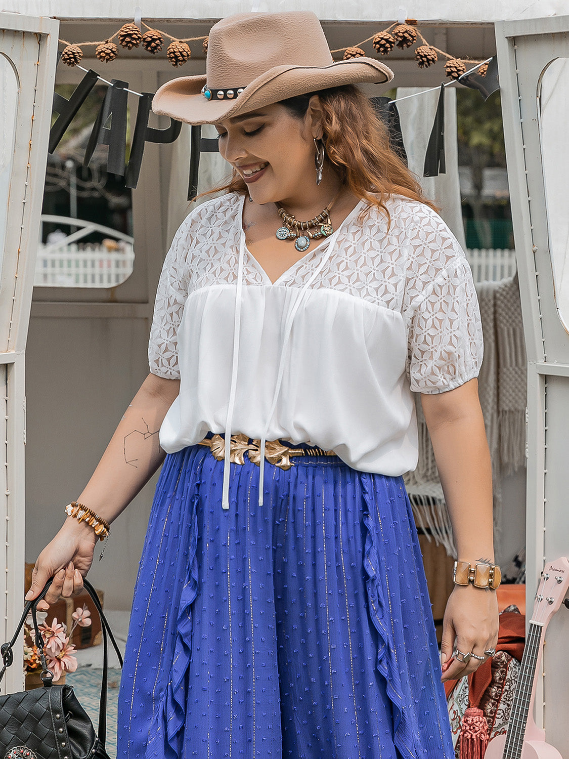 Plus Size Tie Neck Short Sleeve Blouse with Tied.