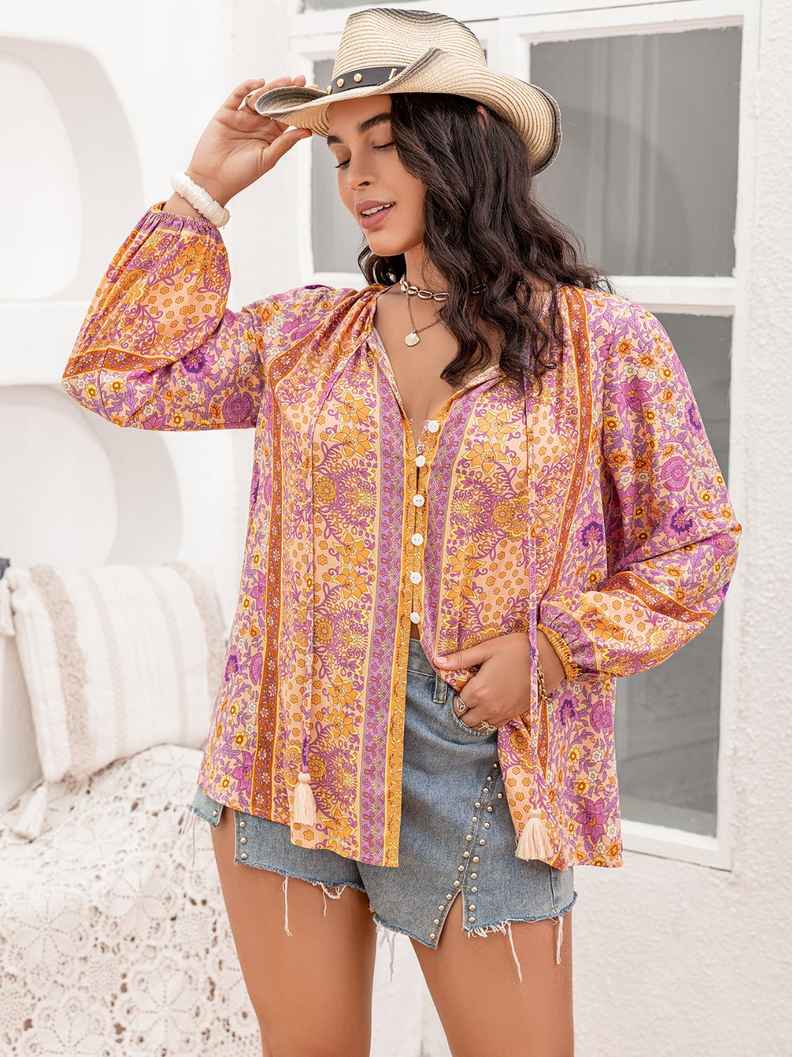 Plus Size Tie Neck Tassel Printed Blouse with Decorative Button.