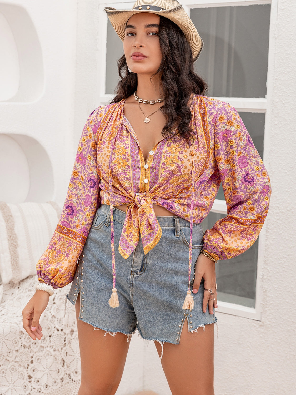 Plus Size Tie Neck Tassel Printed Blouse with Decorative Button.