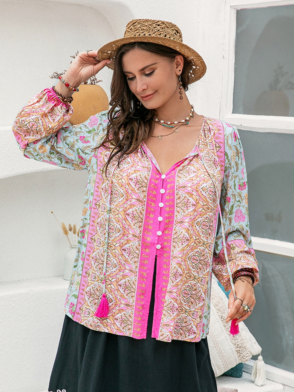 Plus Size Tie Neck Tassel Printed Blouse with Decorative Button.