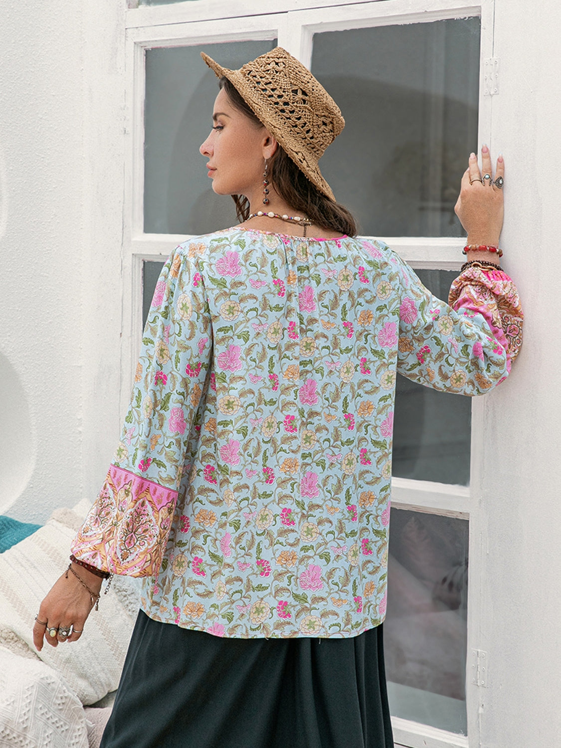 Plus Size Tie Neck Tassel Printed Blouse with Decorative Button.