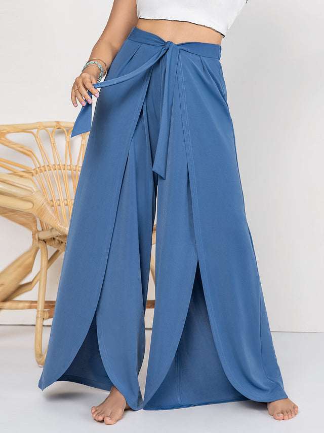 Plus size tied slit wide leg pants, opaque.