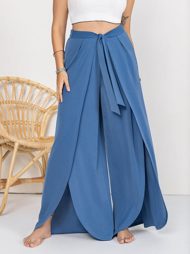 Plus size tied slit wide leg pants, opaque.