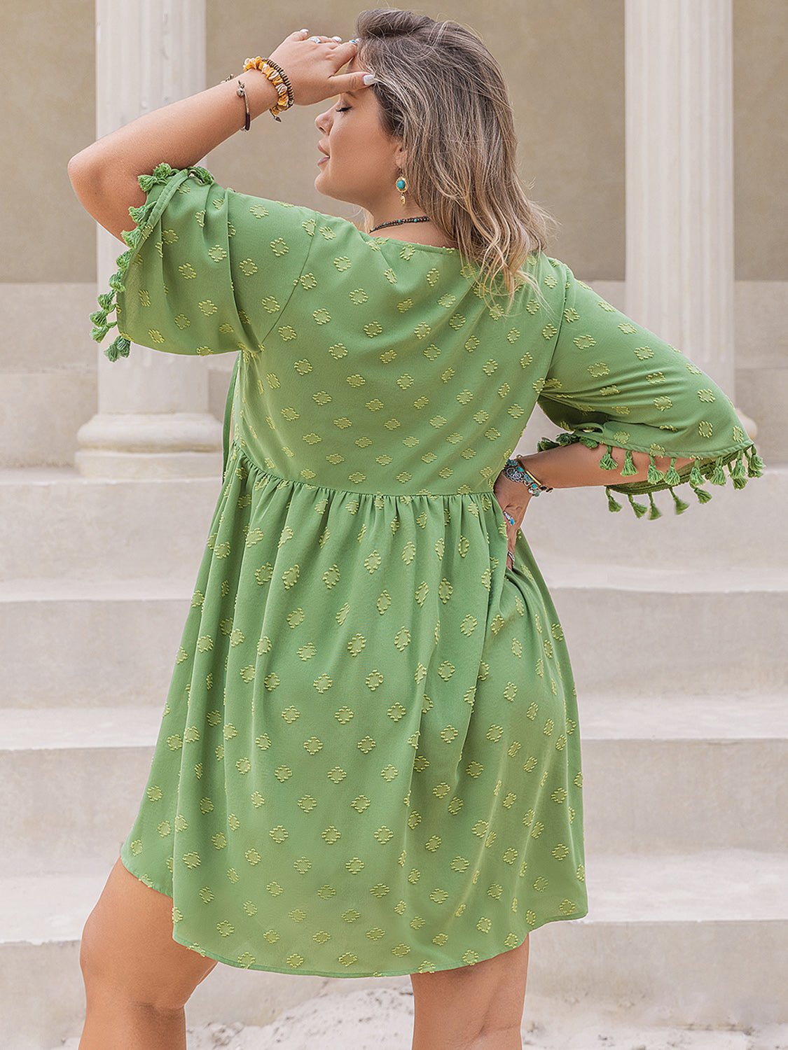 Plus Size Tied Tassel Half Sleeve Mini Dress.