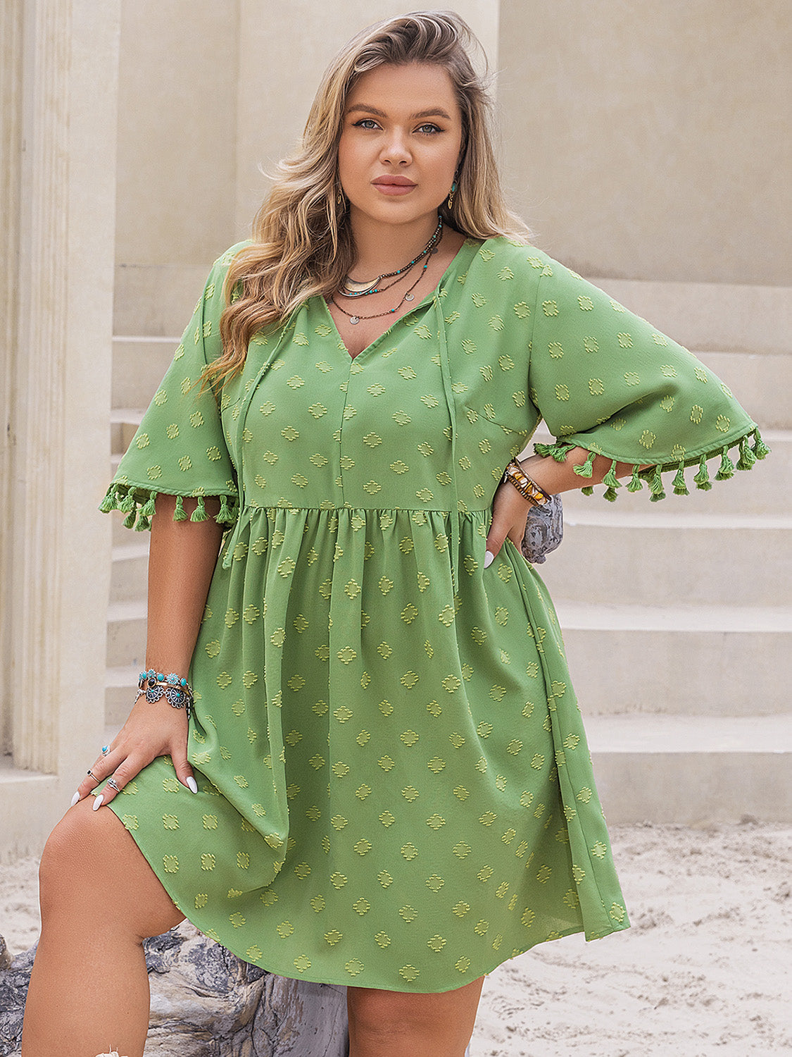 Plus Size Tied Tassel Half Sleeve Mini Dress.