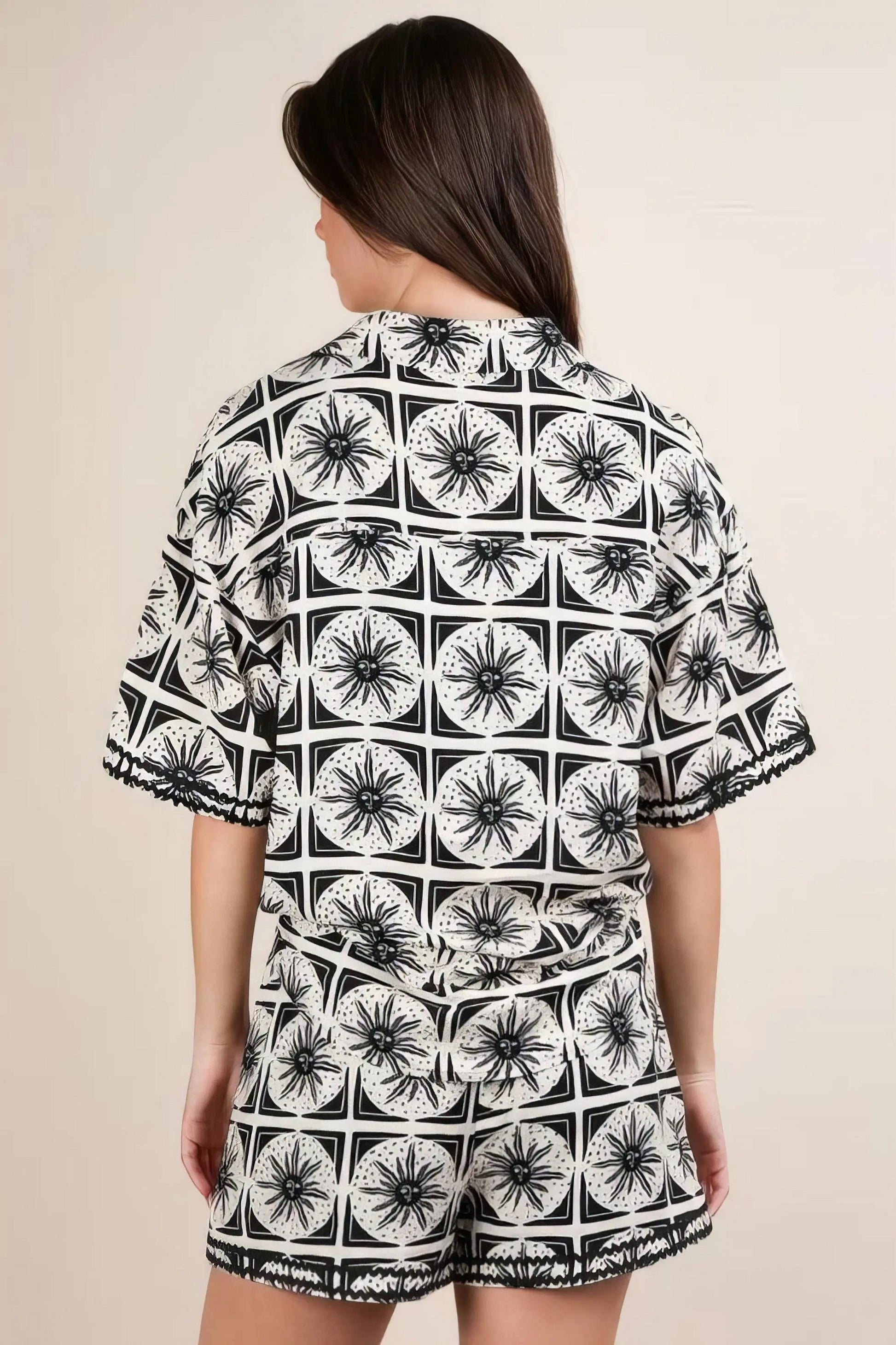 plus size tropical printed shirt top and shorts set, vacation ready outfit, vibrant women's two-piece set, comfortable summer fashion, lush tropical print, relaxed fit top and shorts, ideal for getaways