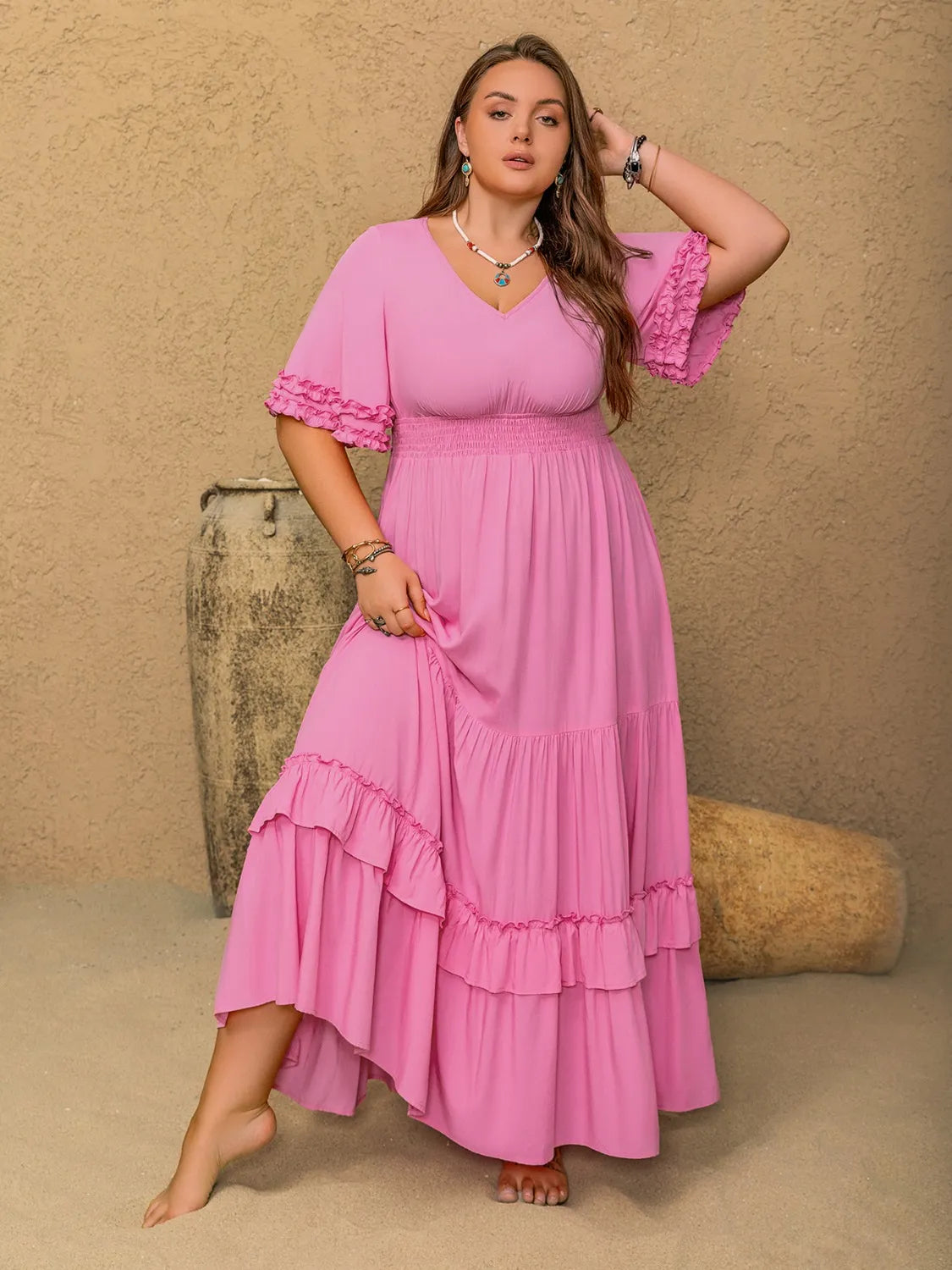 Plus Size V-Neck Half Sleeve Maxi Dress.