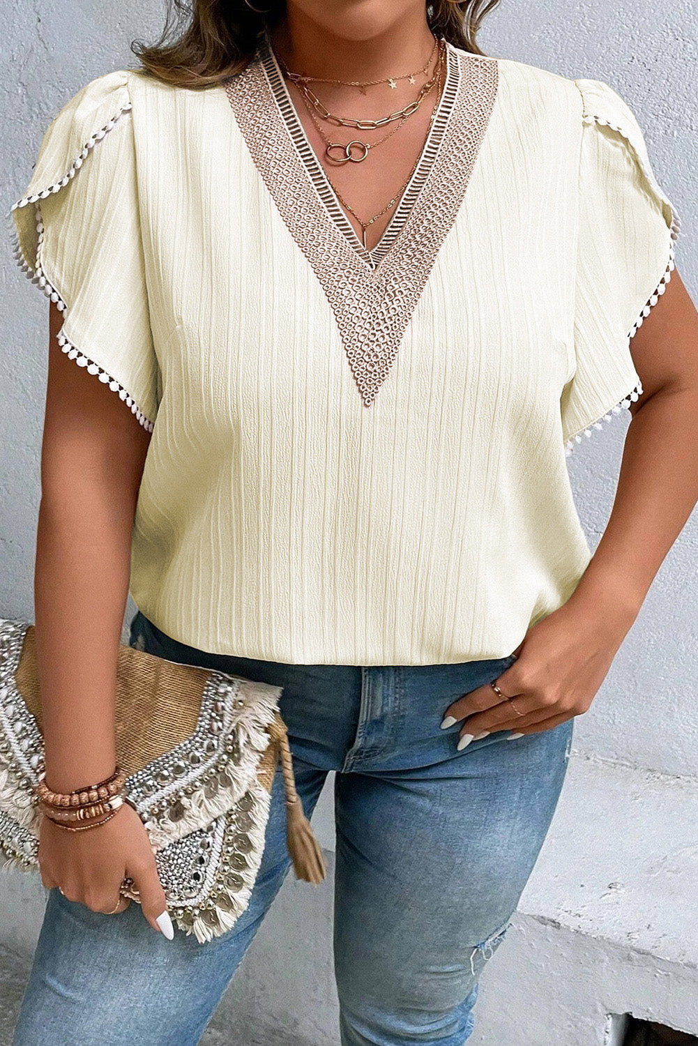 Plus Size V-Neck Petal Sleeve Blouse with Openwork.