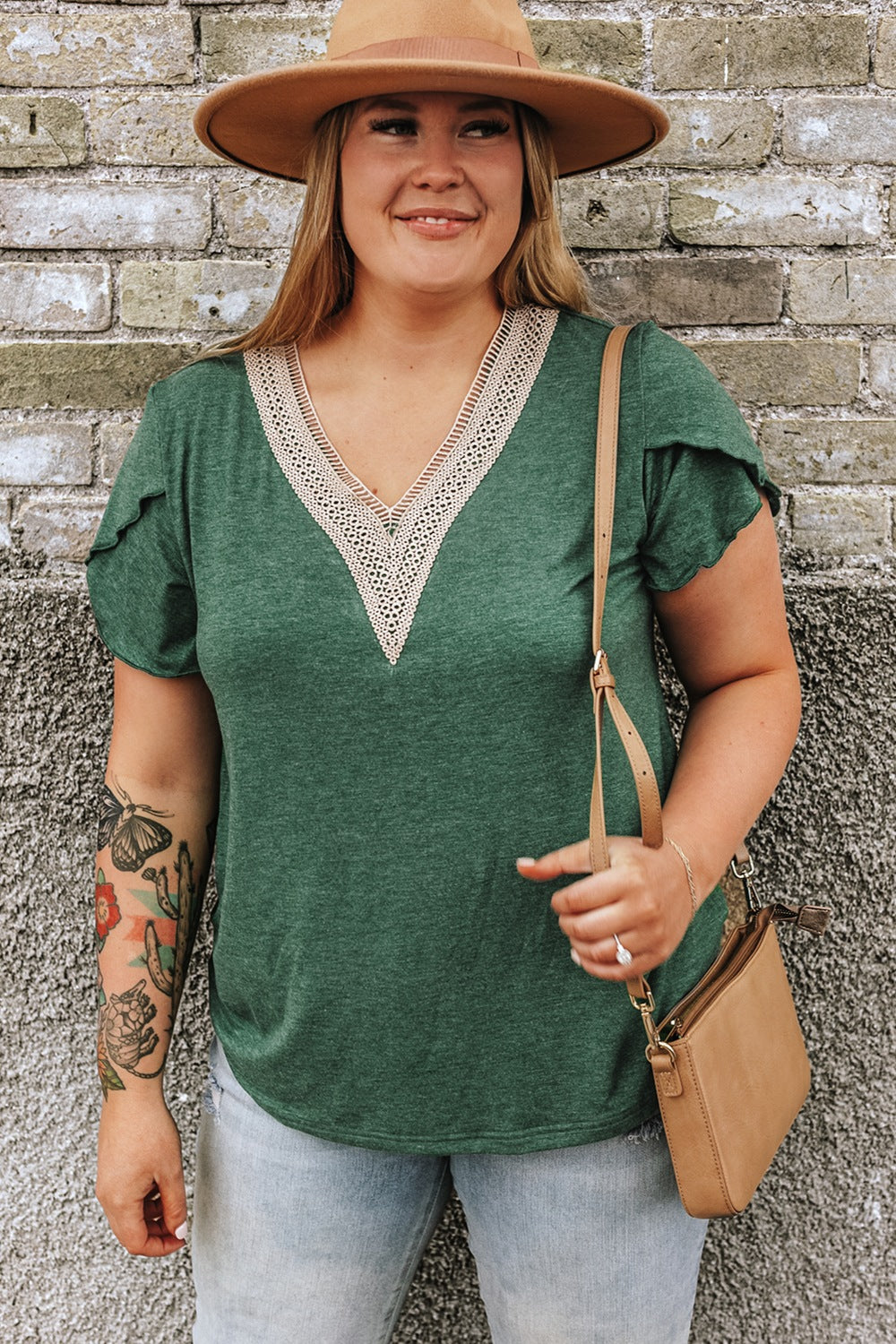 Plus Size V-Neck Petal Sleeve Blouse.