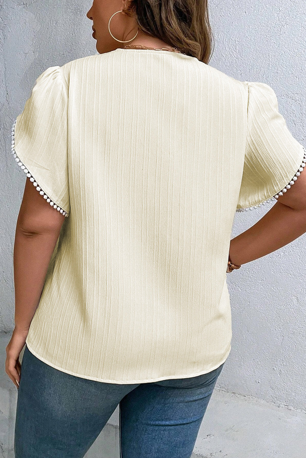 Plus Size V-Neck Petal Sleeve Blouse with Openwork.