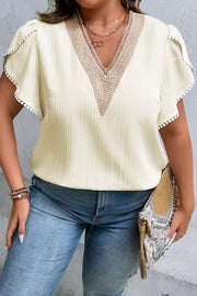 Plus Size V-Neck Petal Sleeve Blouse with Openwork.