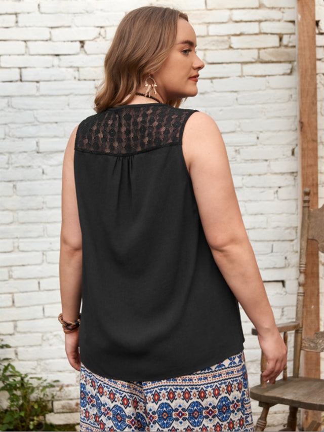 Plus size V-neck tank top with buttons and lace detail.