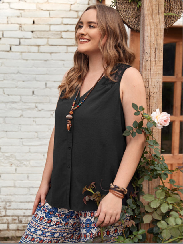 Plus size V-neck tank top with buttons and lace detail.