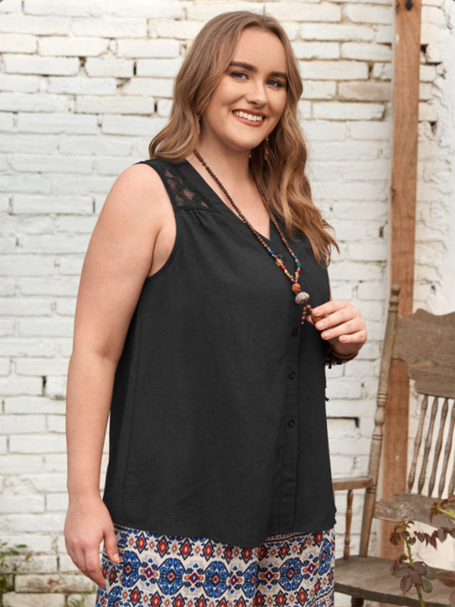 Plus size V-neck tank top with buttons and lace detail.