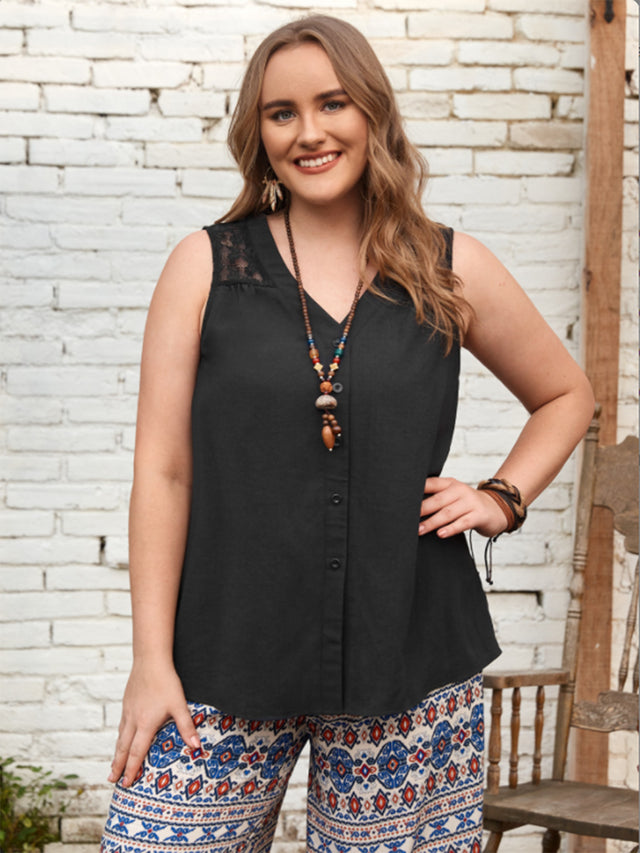 Plus size V-neck tank top with buttons and lace detail.