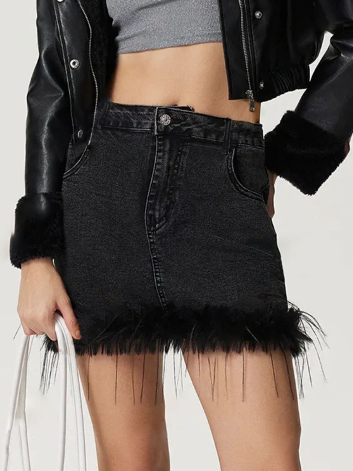 Plush Hem Mini Denim Skirt.