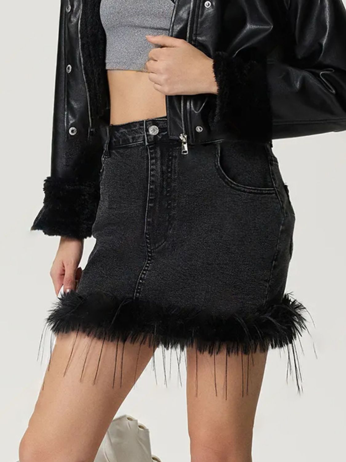 Plush Hem Mini Denim Skirt.