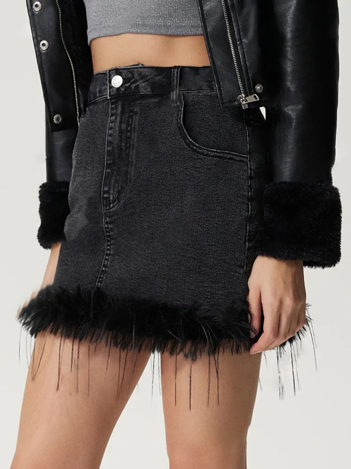 Plush Hem Mini Denim Skirt.