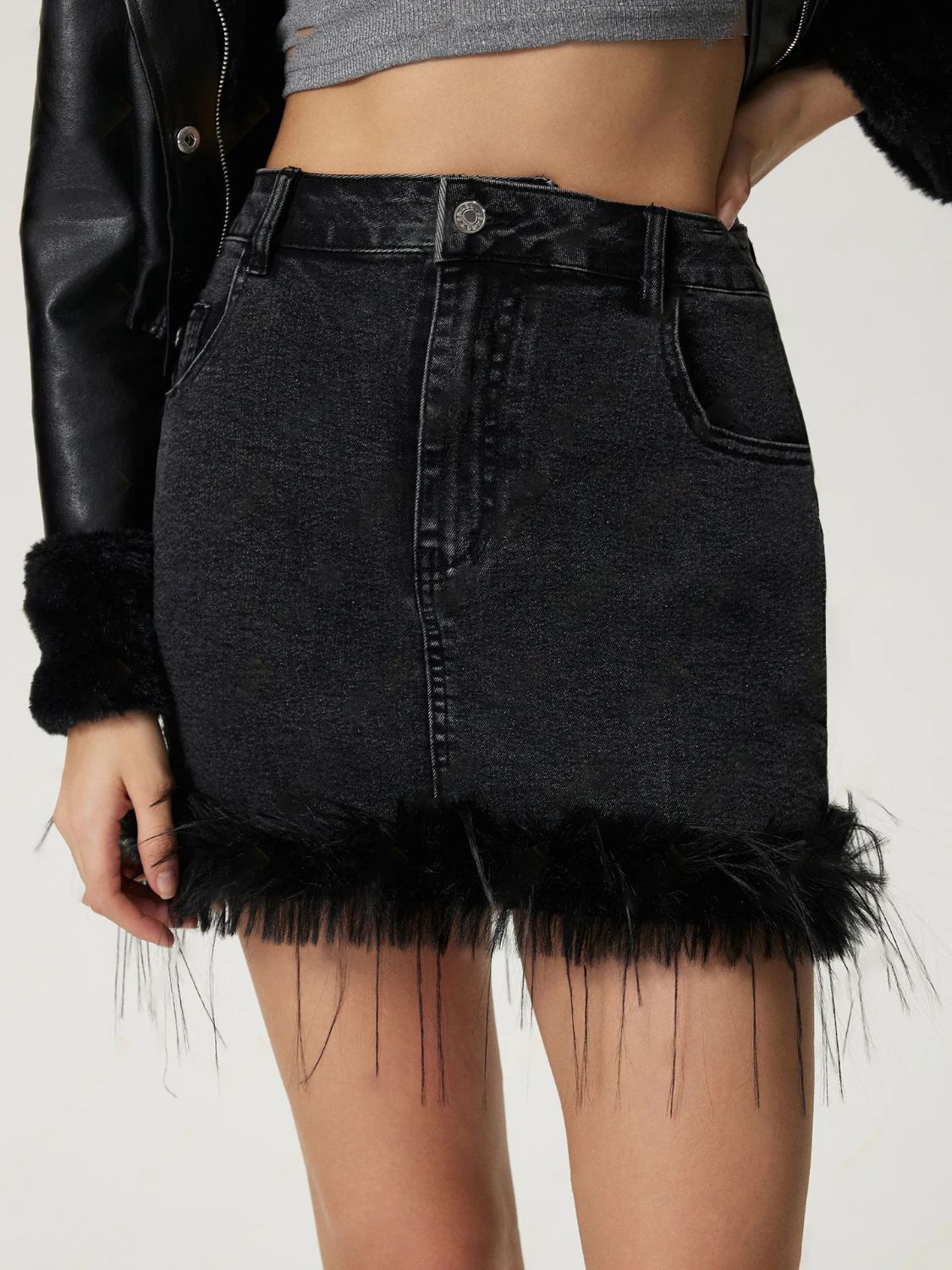 Plush Hem Mini Denim Skirt.