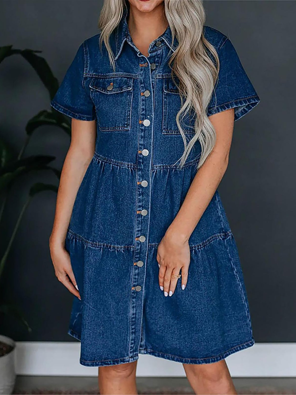 Pocketed Button Up Collared Neck Short Sleeve Denim Dress.