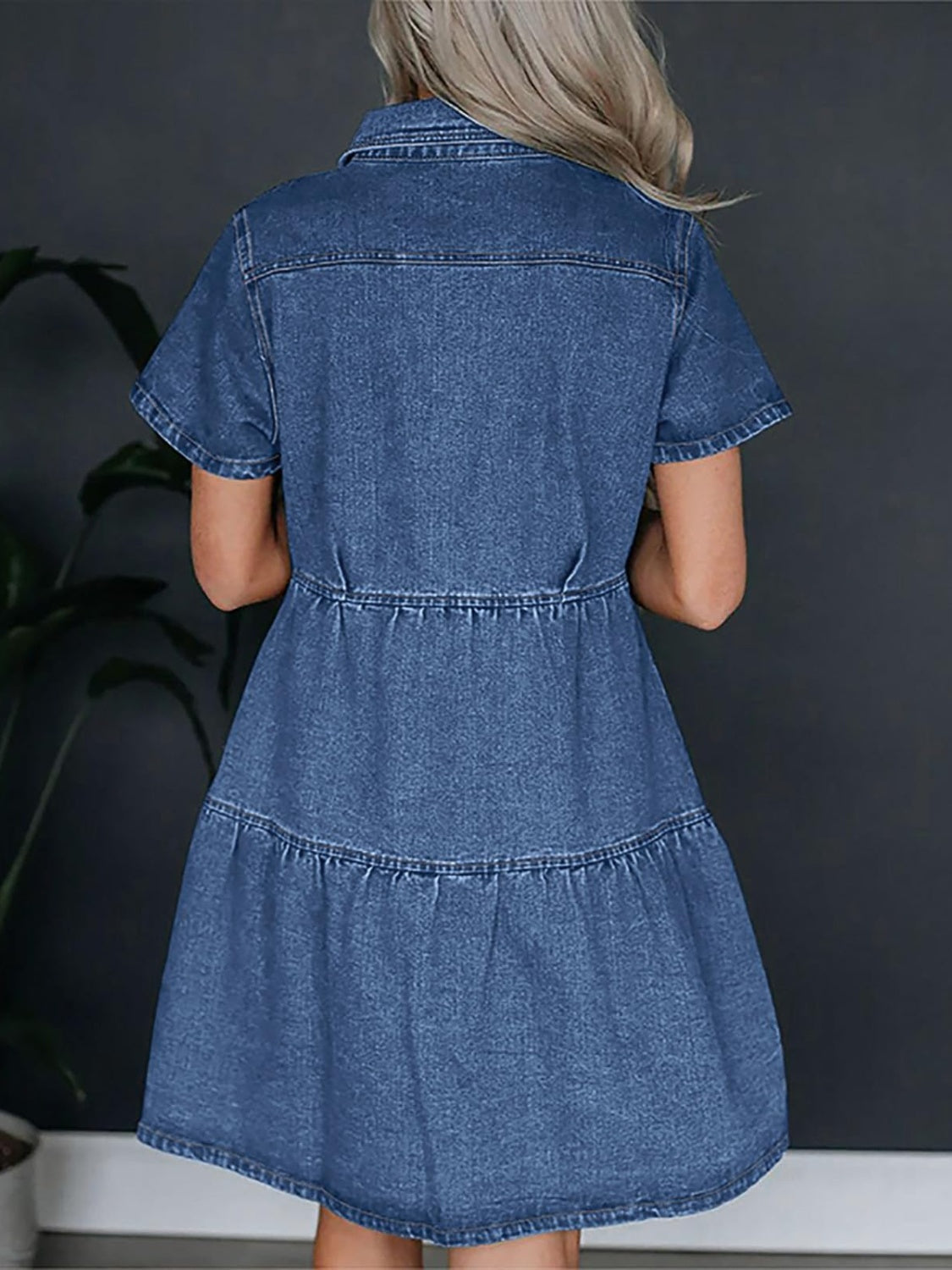 Pocketed Button Up Collared Neck Short Sleeve Denim Dress.