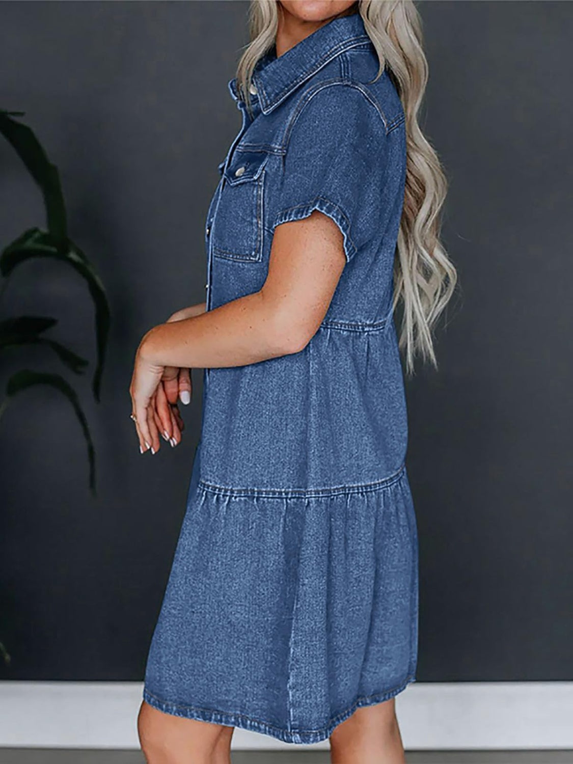 Pocketed Button Up Collared Neck Short Sleeve Denim Dress.