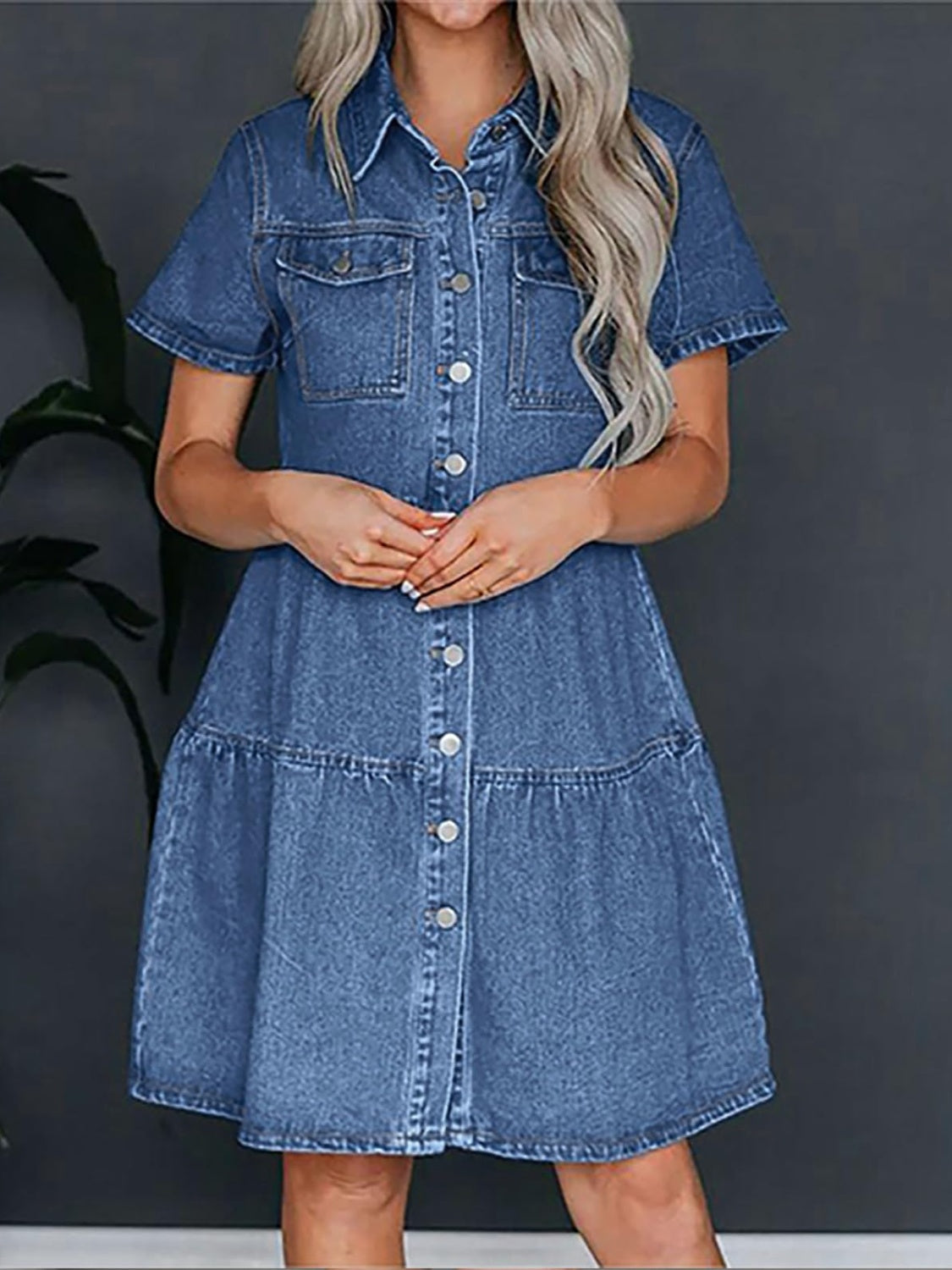 Pocketed Button Up Collared Neck Short Sleeve Denim Dress.