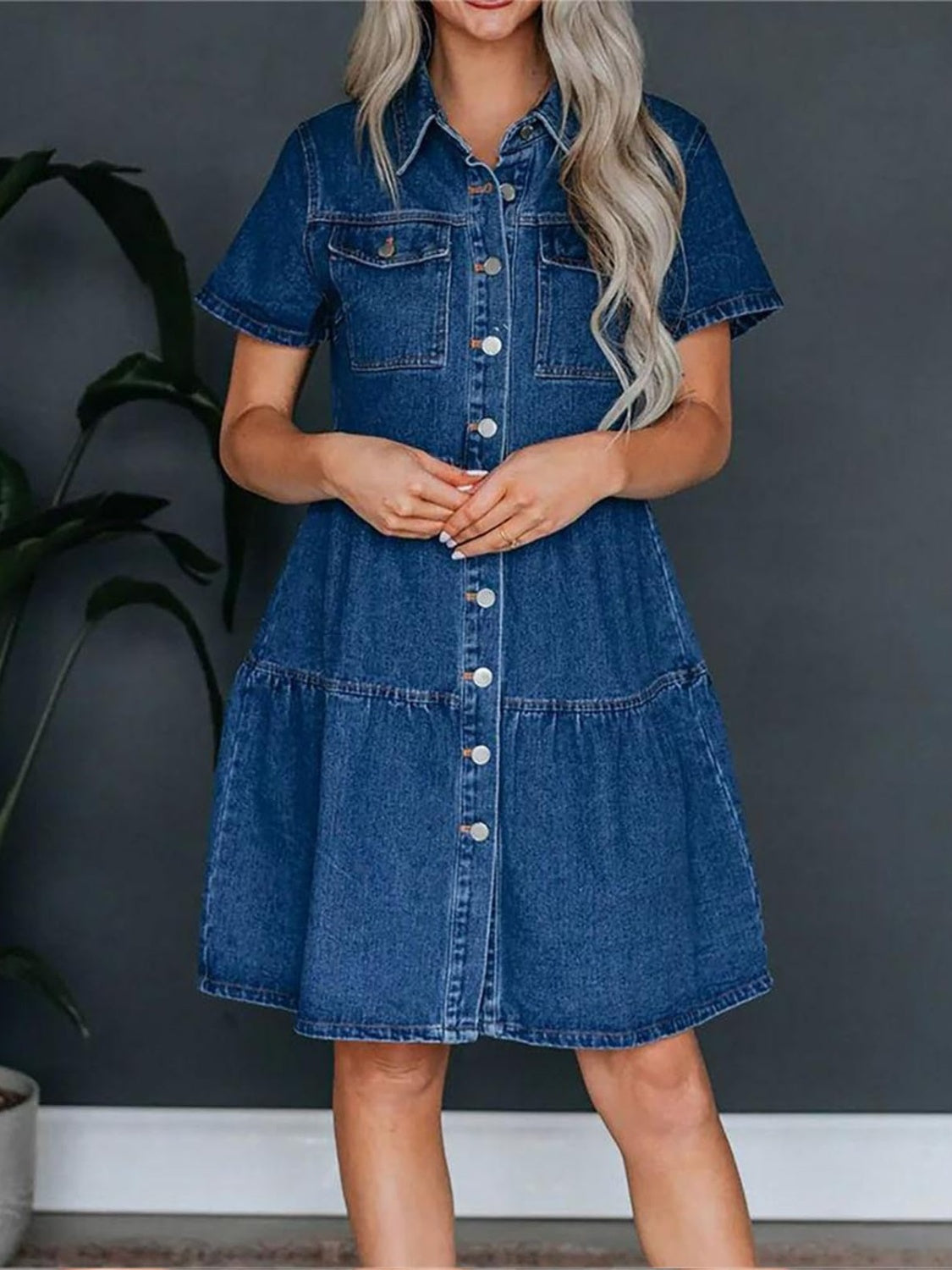 Pocketed Button Up Collared Neck Short Sleeve Denim Dress.