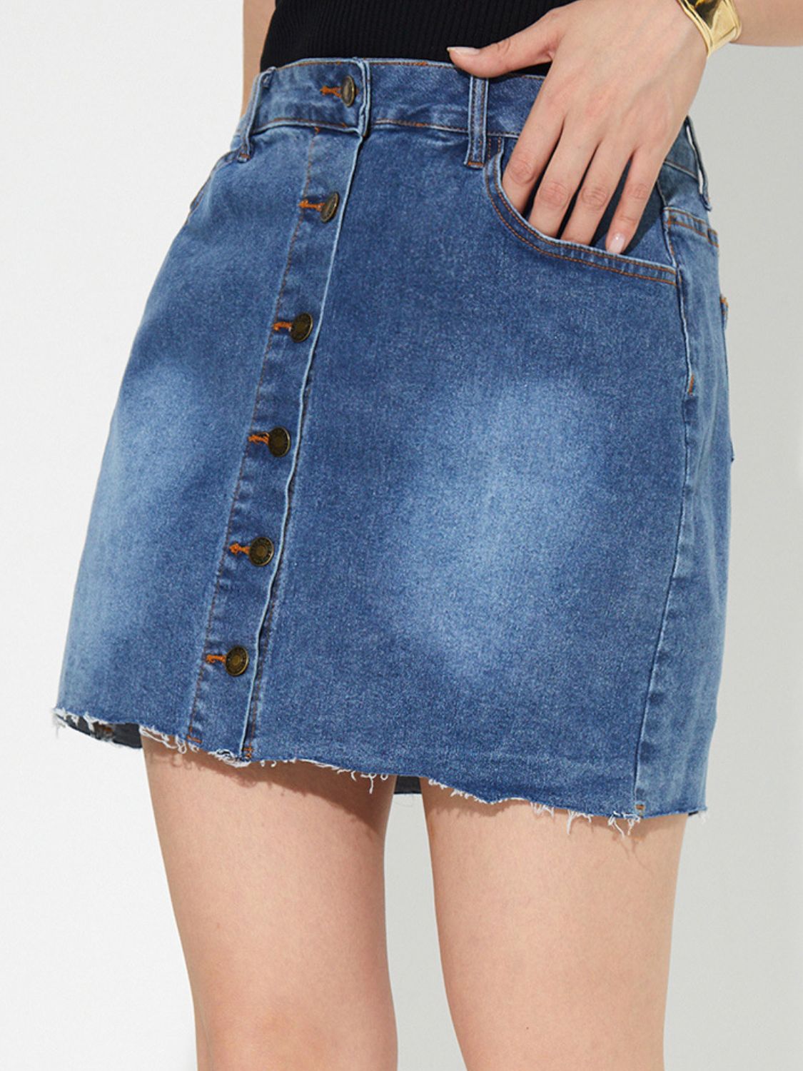 Pocketed Button Up Denim Skirt.