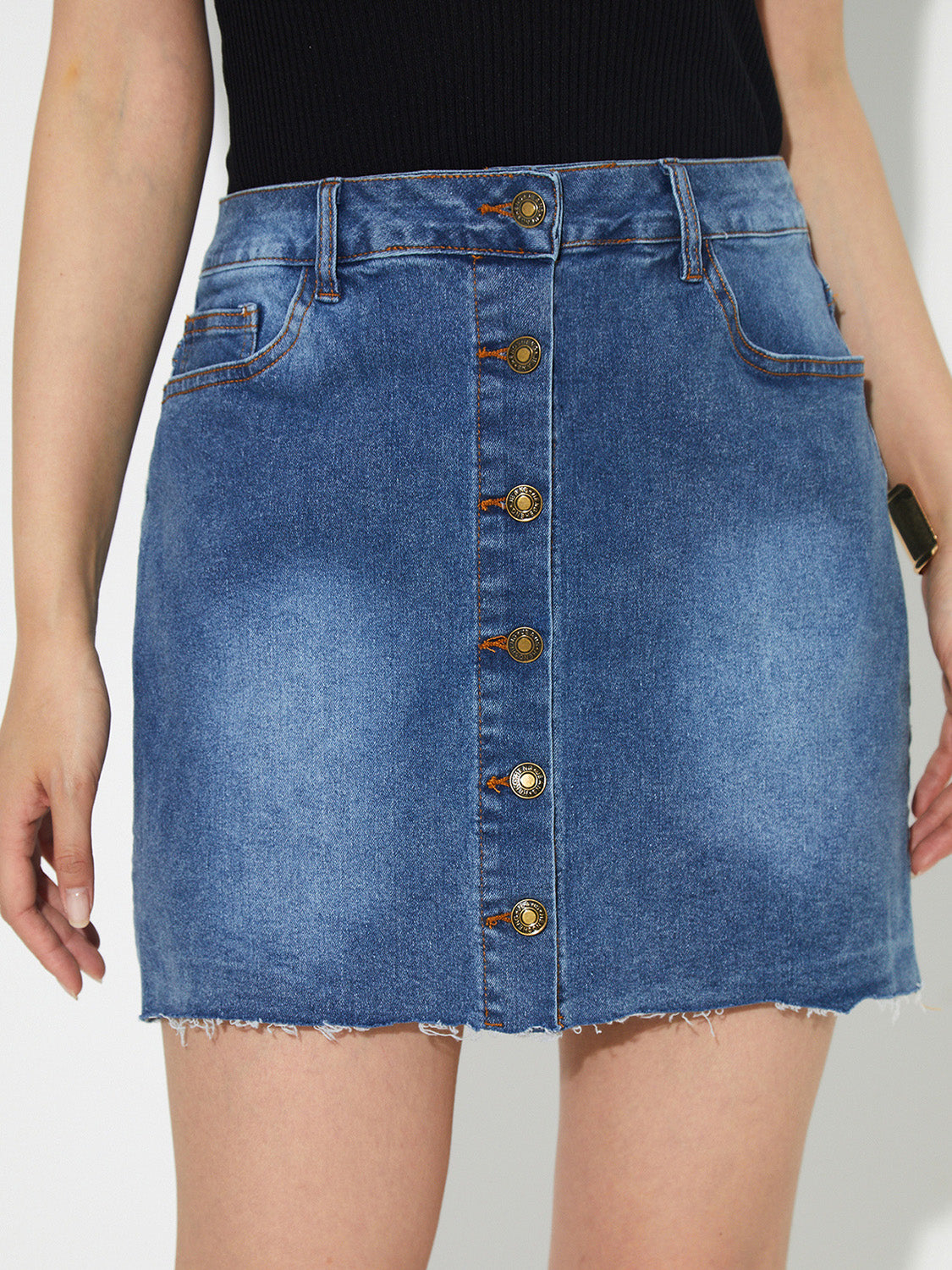 Pocketed Button Up Denim Skirt.