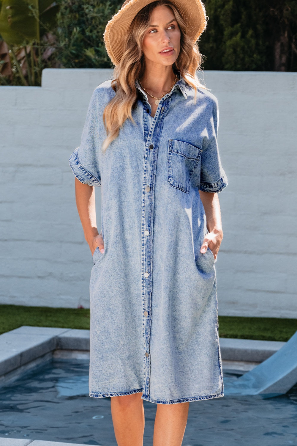 Pocketed Button Up Half Sleeve Denim Dress.