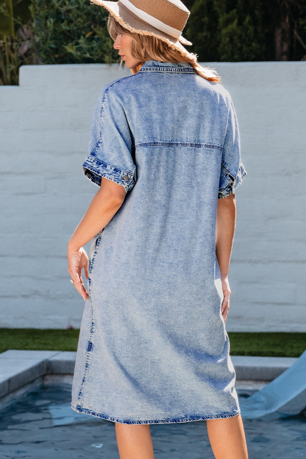 Pocketed Button Up Half Sleeve Denim Dress.
