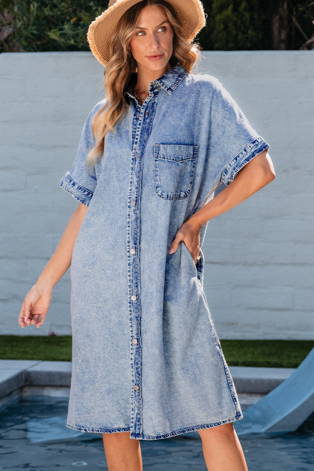 Pocketed Button Up Half Sleeve Denim Dress.