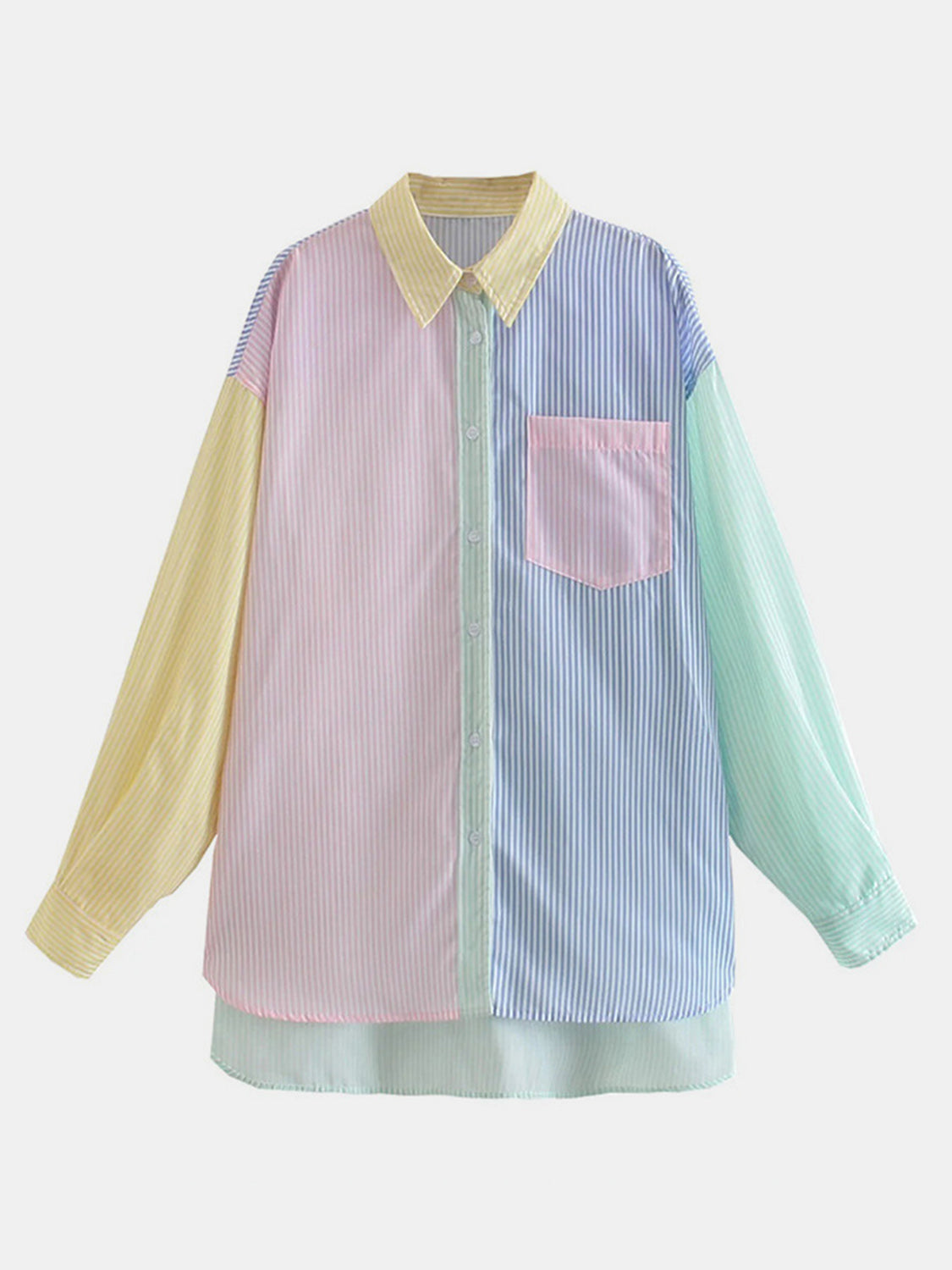 Pocketed Color Block Long Sleeve Shirt with Pocketed and Buttoned.