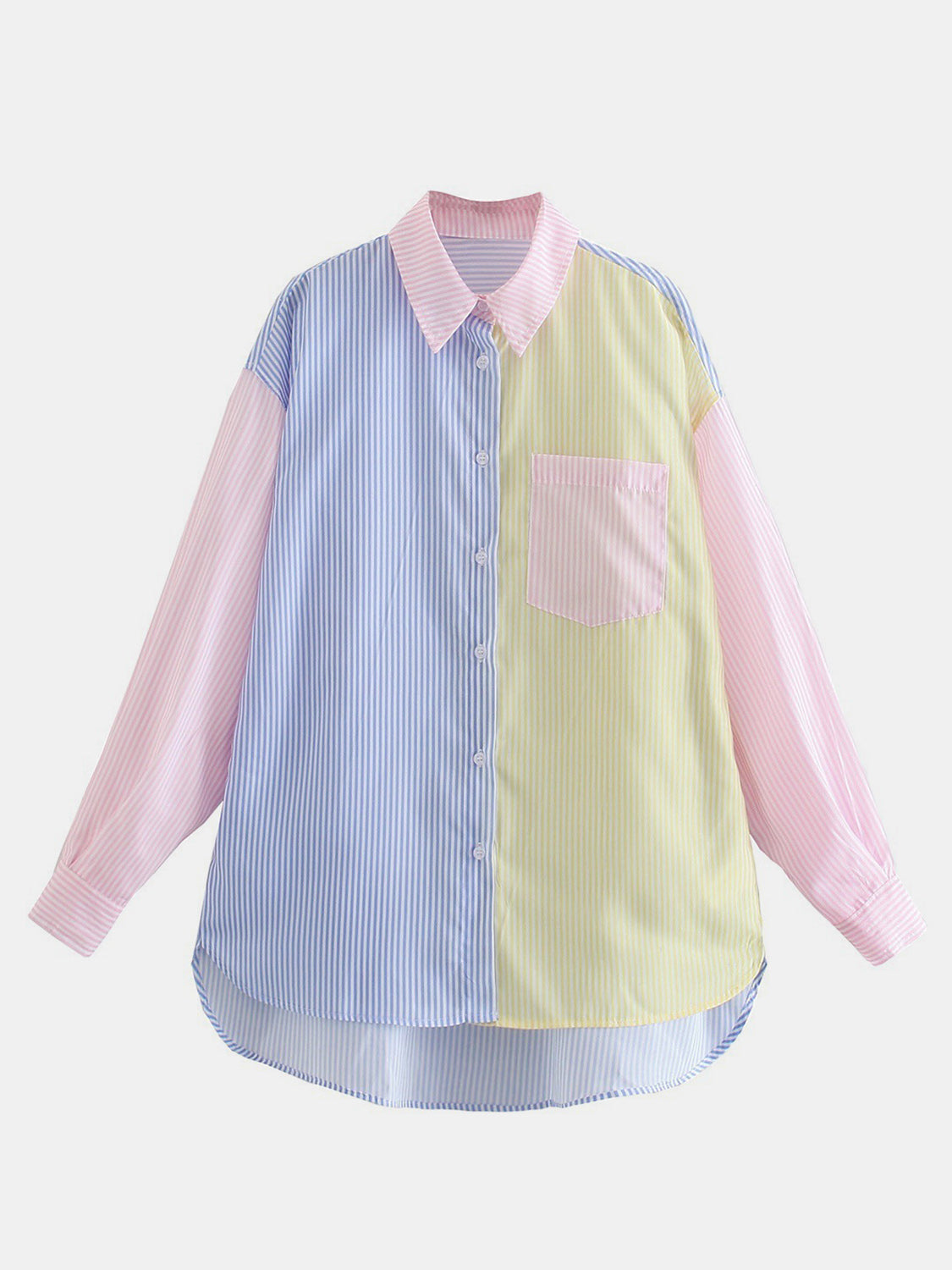 Pocketed Color Block Long Sleeve Shirt with Pocketed and Buttoned.
